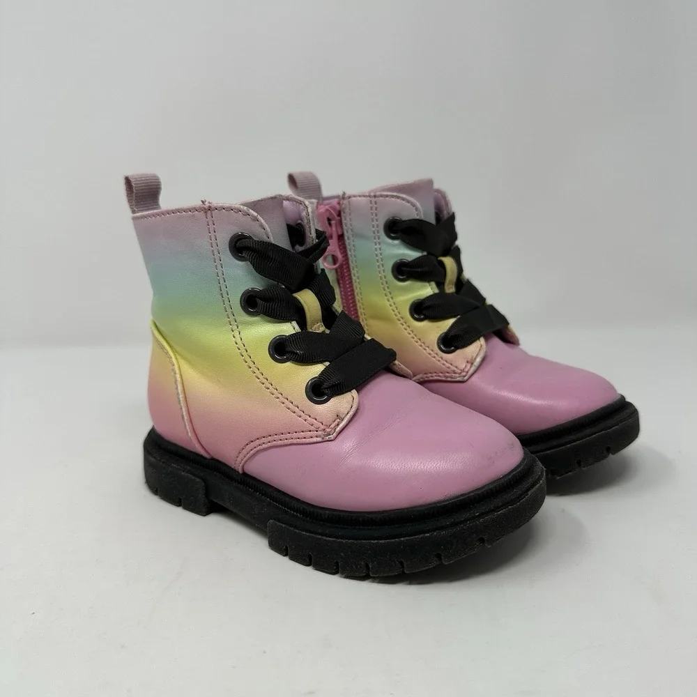 Cat & Jack Rainbow Combat Boots Toddler Girls Sz 7 Lace Zipper‎ Closure